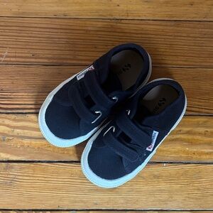Superga Blue Navy Canvas Kids Velcro Sneakers with White Soles